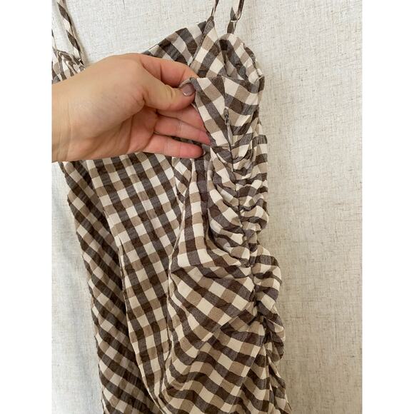 House of Harlowe 1960 Brown Gingham Check Ruched Sheath Midi Slip Dress - L - Picture 8 of 16